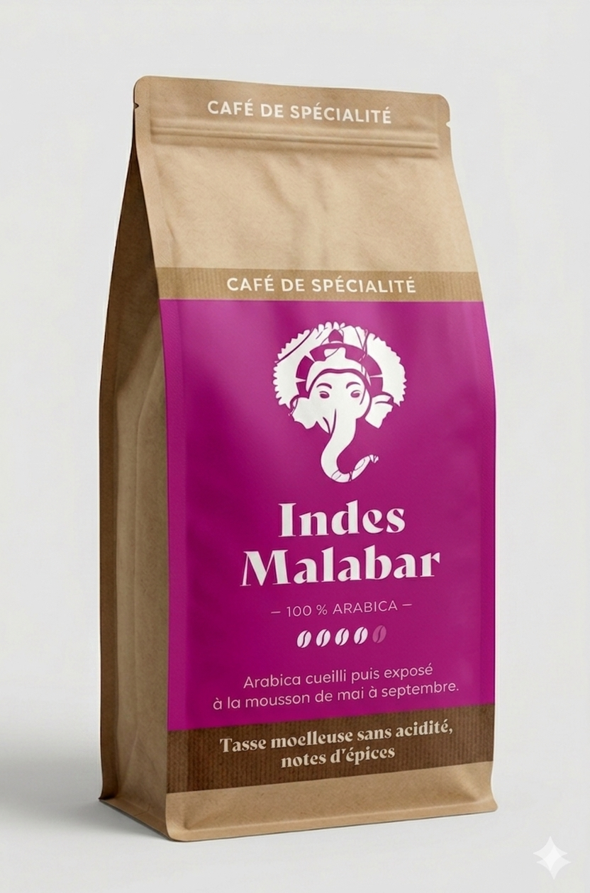 Café Indes Malabar GRAIN (tasse moelleuse sans acidité, notes d'épices)